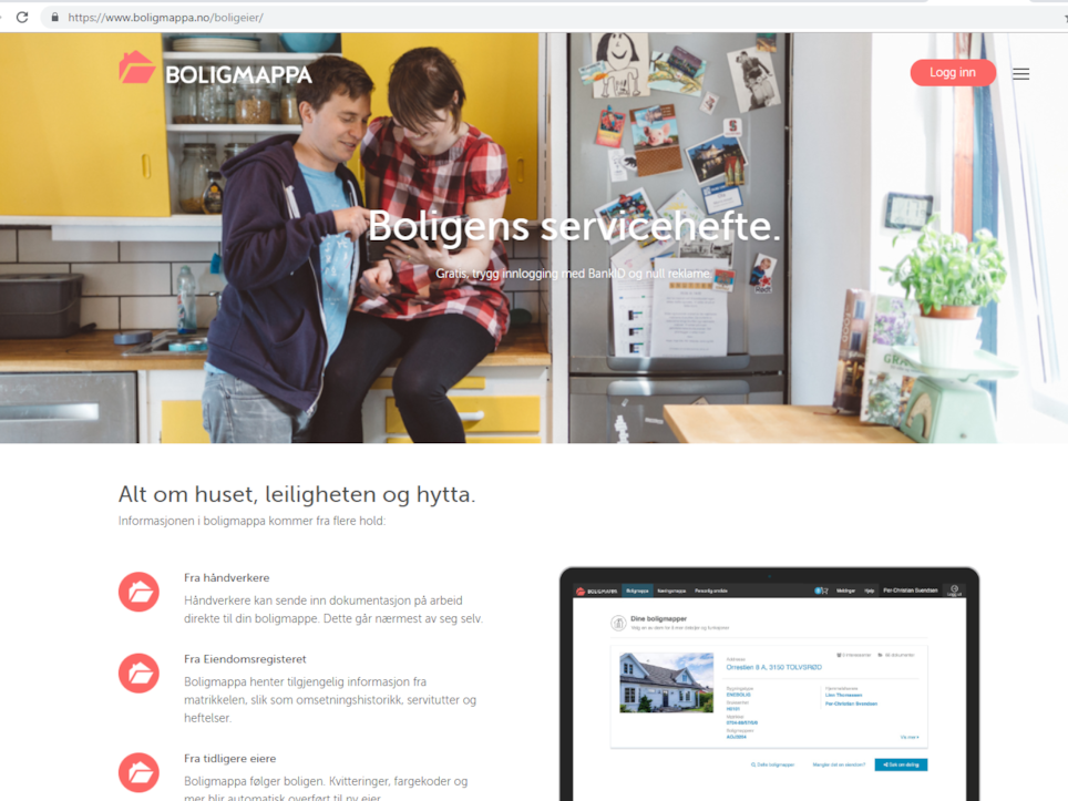 Boligeiere logger seg inn på egen boligmappe via Altinn, mens håndverkeren kjøper tilgang til tjenesten gjennom abonnementsordning i Boligmappa.