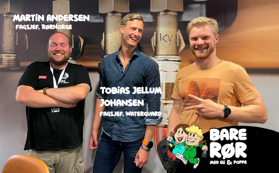 Fagsjef Martin Andersen i RørNorge, fagsjef Tobias Jellum Johansen i Waterguard og programleder Severin Poppe Midteide i studio.